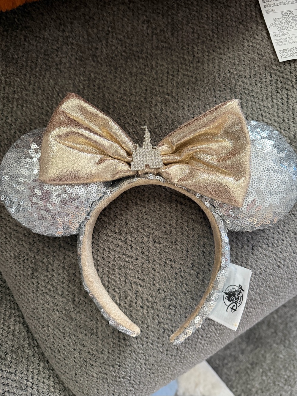 Disney Silver Sequin Minnie Ear Headband with Gold Bow